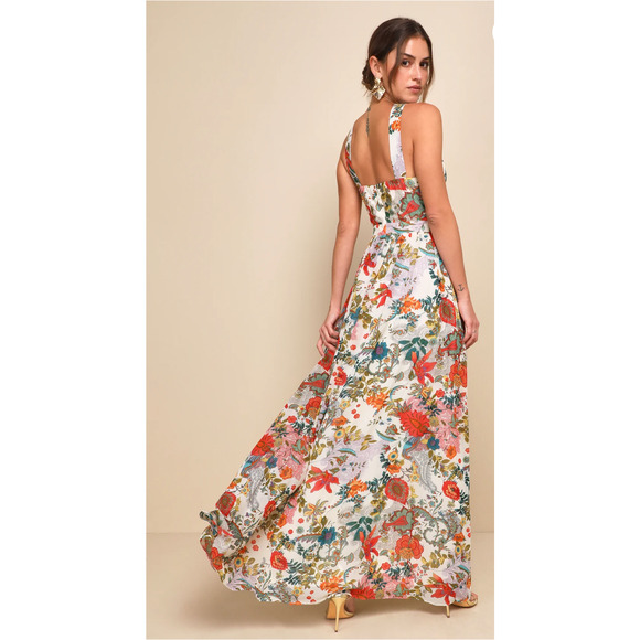 Lulus Lilja Cream Floral Maxi Dress Wedding Sleeveless Halter Women's XS NWT - Picture 2 of 7